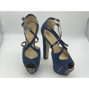 Scene “Marylou” Platform Wedge 5” Heels Blue Suede w/ Silver Accents 7M Open Toe